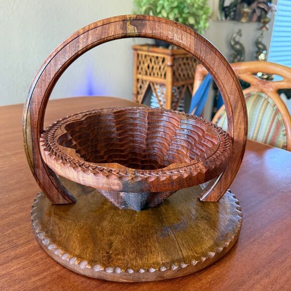 Vintage Hand Carved Rosewood Wooden Folding Basket Trivet with Handle - Picture 2 of 13